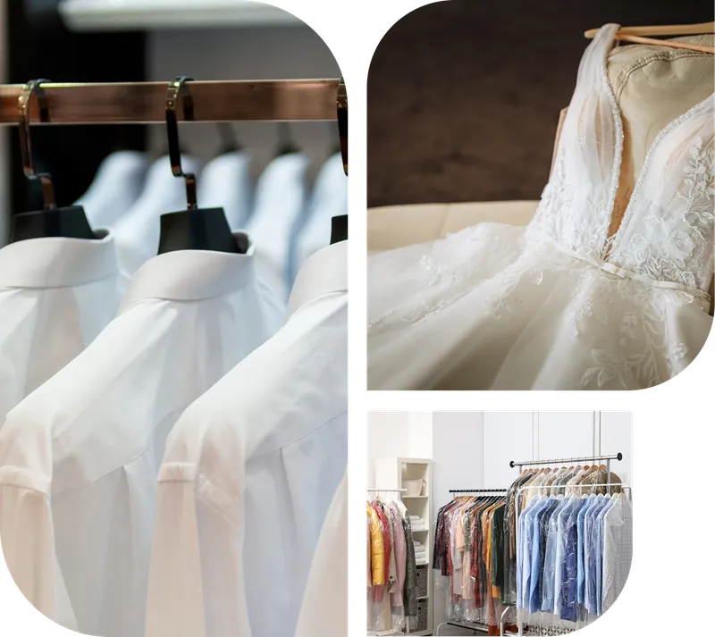 Freshly pressed white shirts, a lace wedding gown, and a rack of dry-cleaned garments in protective covers
