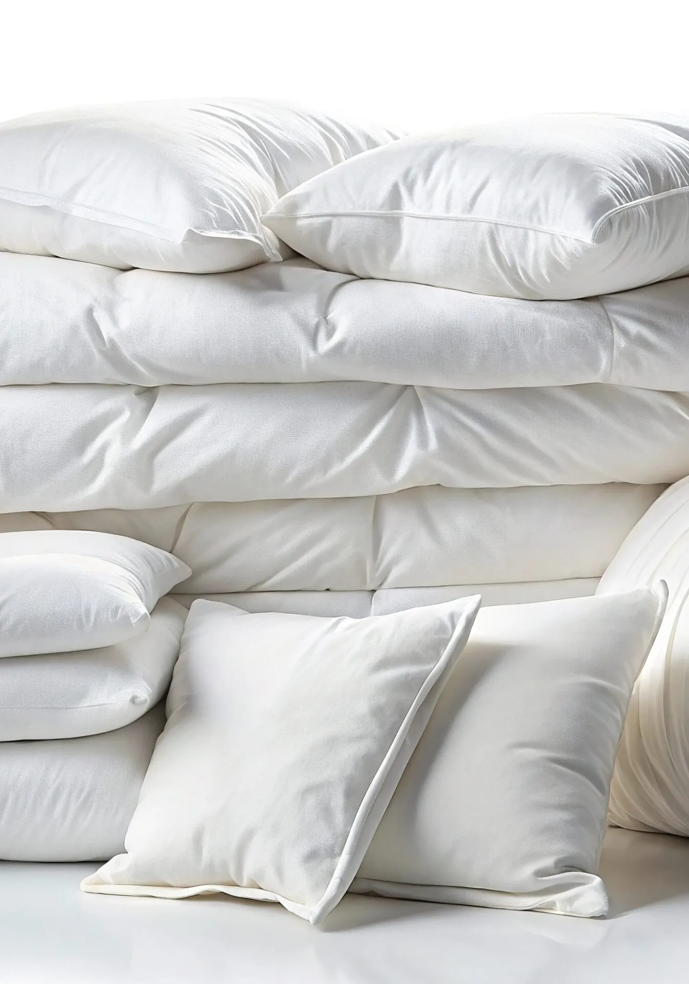 Freshly cleaned white bedding, pillows, and a folded blanket from JM Cleaners