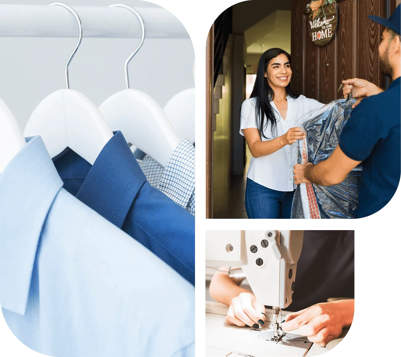 Freshly pressed shirts on hangers, a JM Cleaners delivery handed to a customer at her door, and a seamstress at a sewing machine