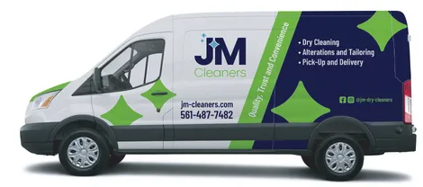 The JM Cleaners pickup & delivery van — dry cleaning, alterations and tailoring, pick-up and delivery