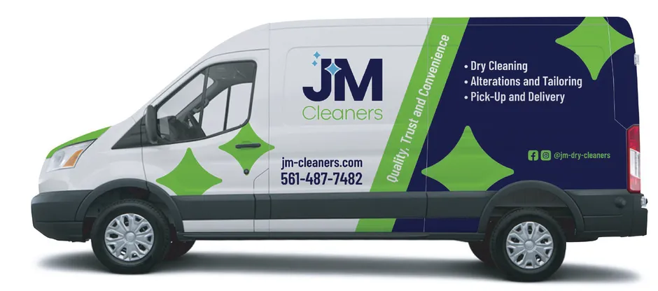 The JM Cleaners pickup & delivery van — dry cleaning, alterations and tailoring, pick-up and delivery