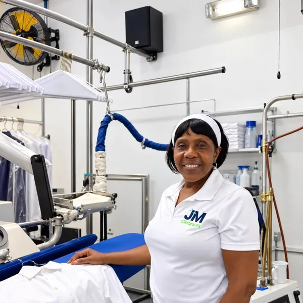 Marie, Presser at JM Cleaners, at the pressing station