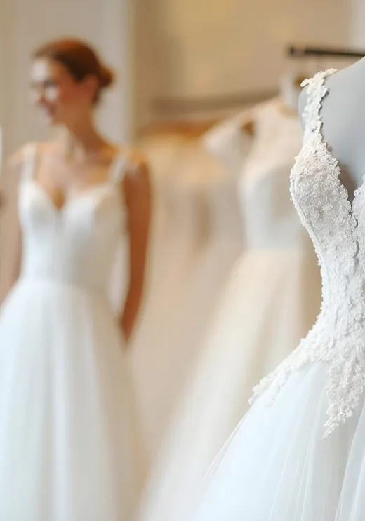 A beaded lace wedding gown on a hanger