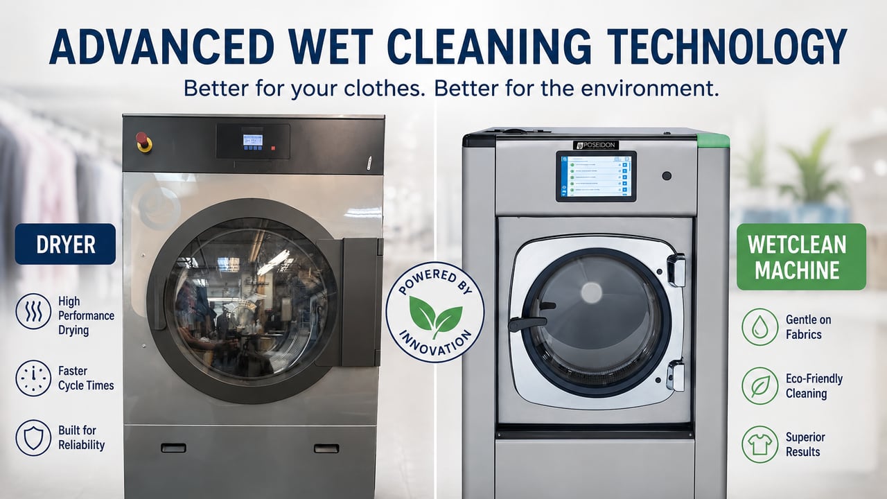 Advanced wet cleaning technology at JM Cleaners — a new 80-lb dryer and a Poseidon wet cleaning machine