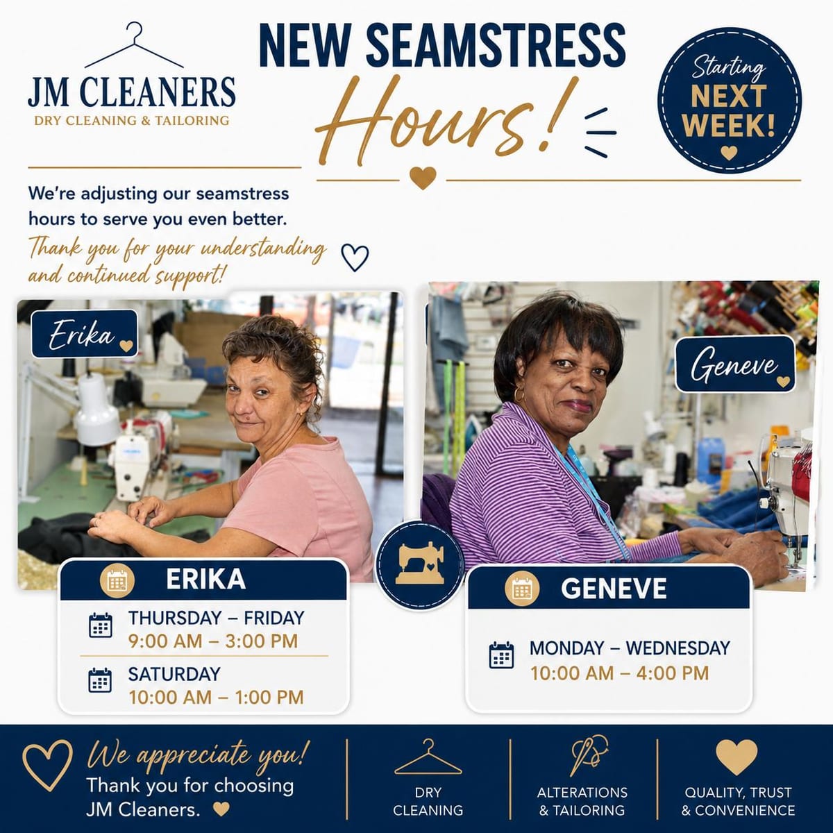 JM Cleaners new seamstress hours — Geneve (Monday–Wednesday) and Erika (Thursday–Saturday)